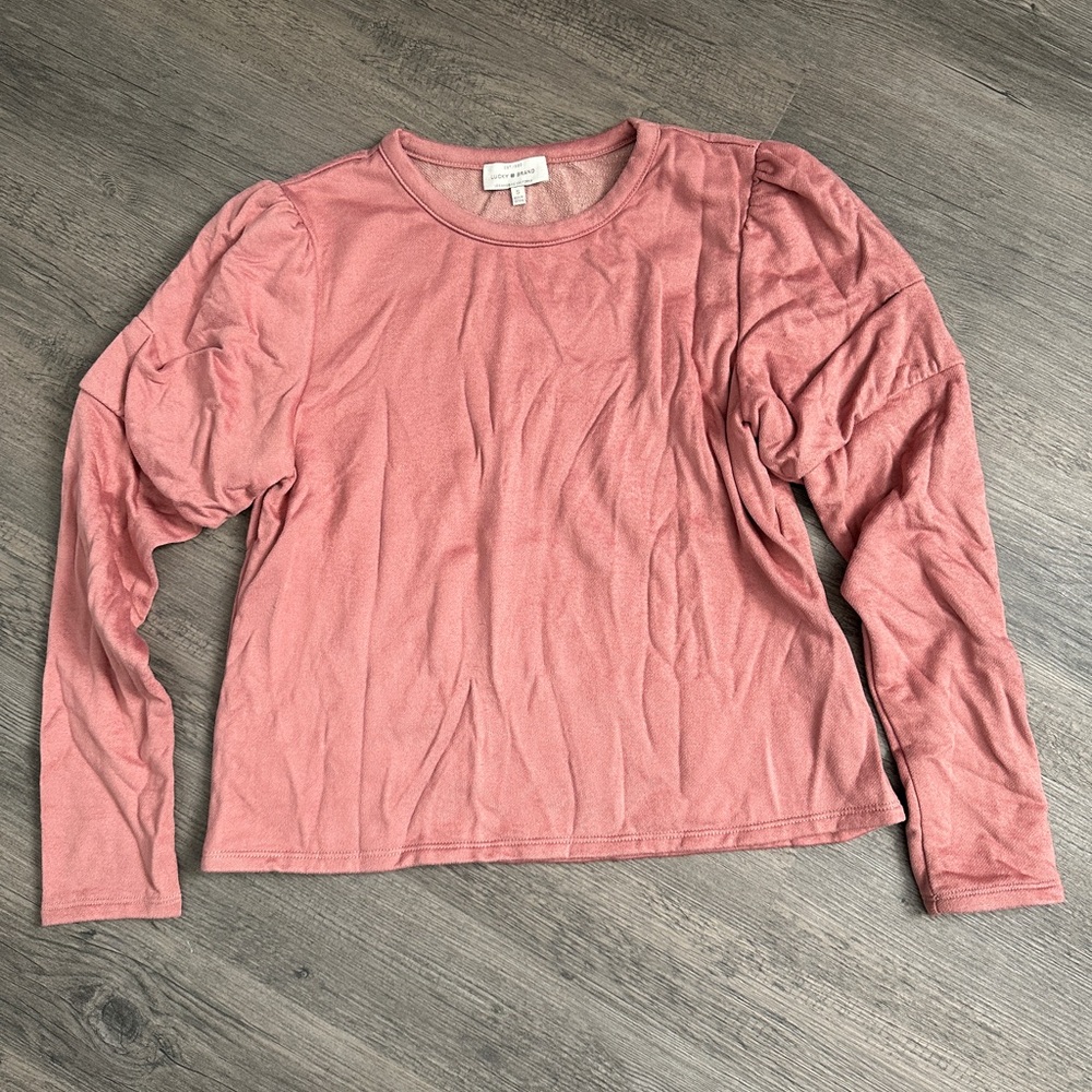 Lucky Brand Pink Suede/Velvet Pullover with Puff Shoulder Size Small